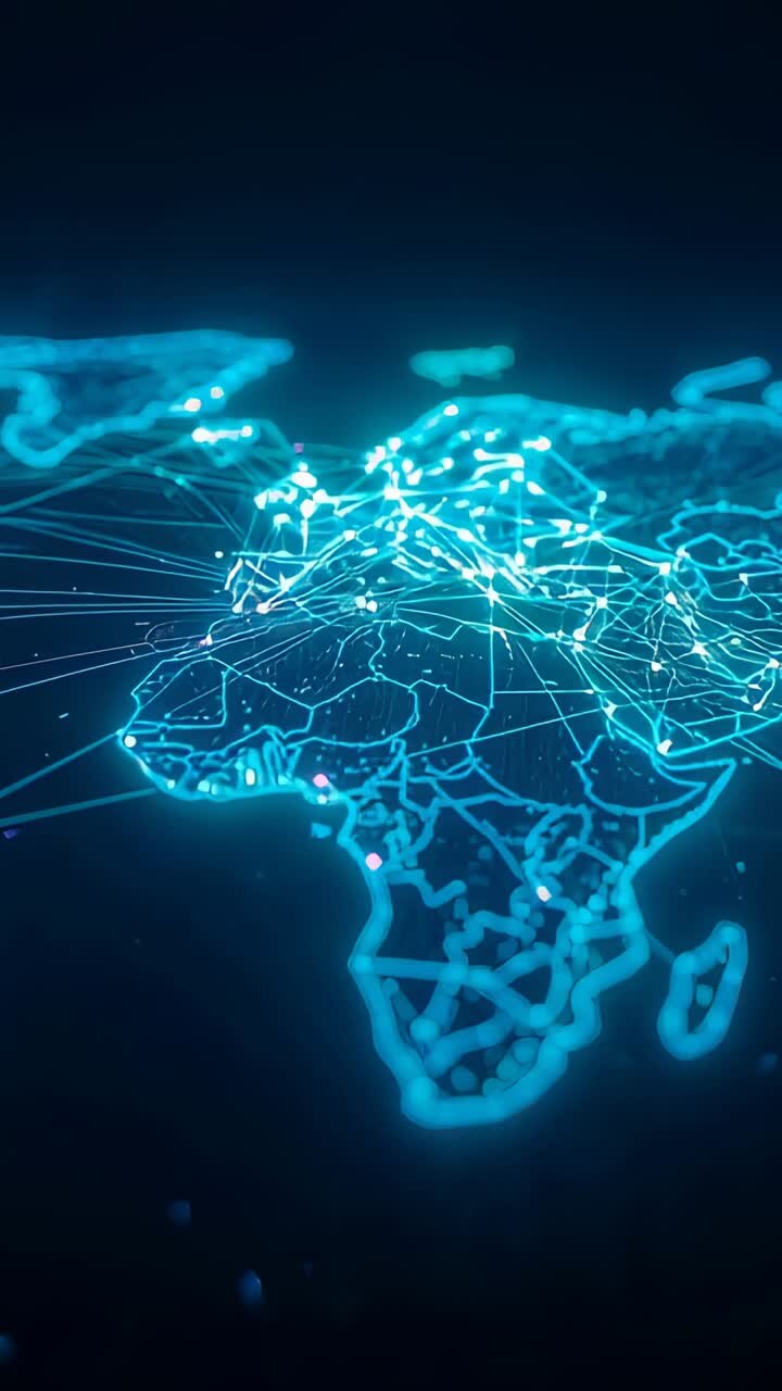 Vertical video: Animating Africa map pulsing nodes and forming links in void, indicating activity