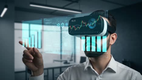 embracing the future of technology: a man engaged in virtual reality analytics with cutting-edge graphical interface for data insights and interaction