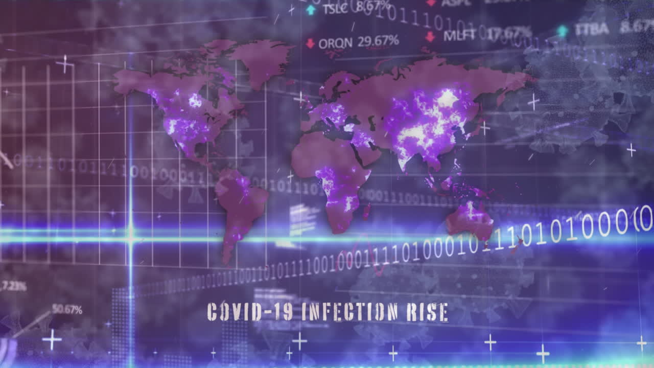 animación del mapa del mundo con el aumento de la infección por covid-19 sobre las estadísticas y gráficos