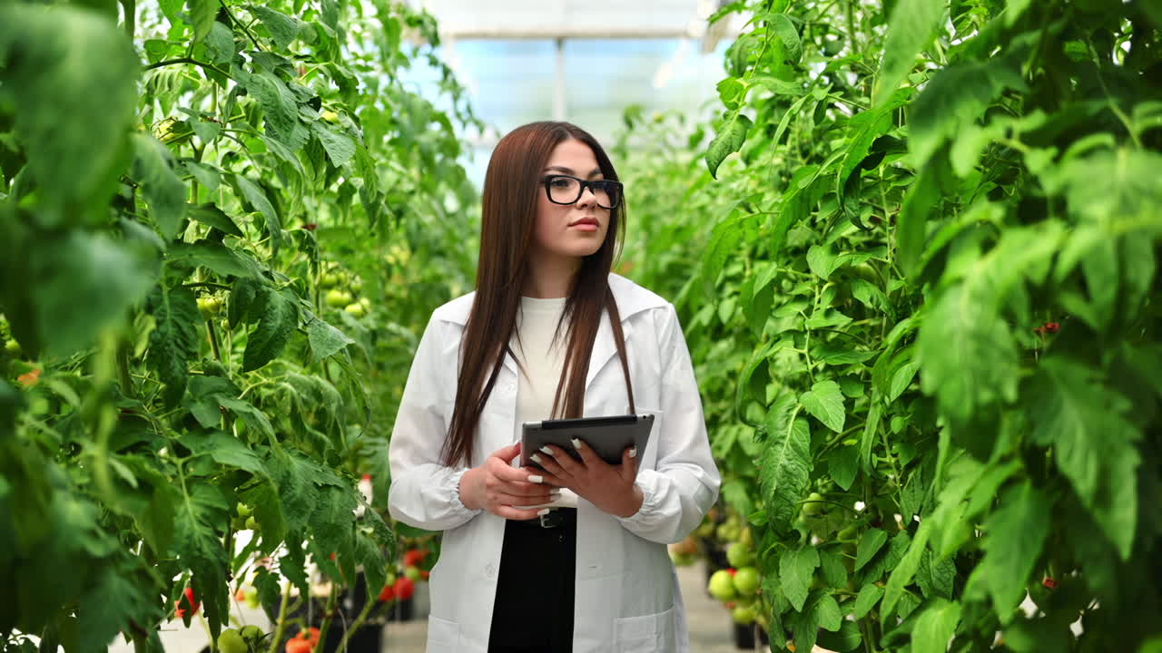 Laboratory technician in a white coat analysing tomatoes grown in a greenhouse