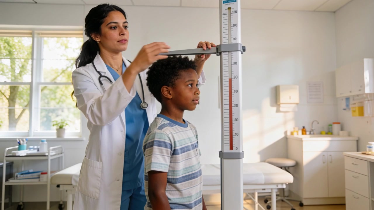 Measuring at clinic doctor in scrubs with coat adjusting height gauge for schoolboy during check