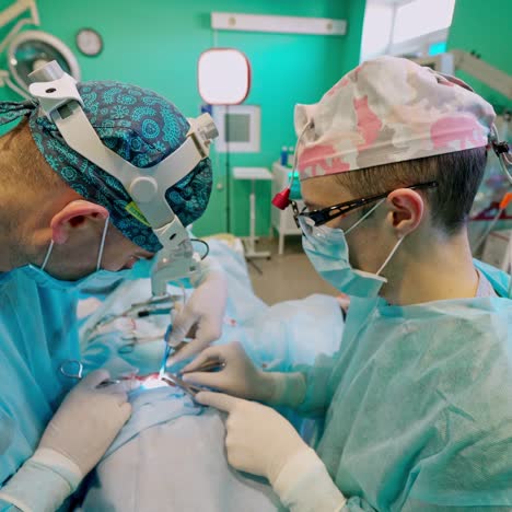 surgeon and his assistant performing cosmetic surgery in hospital operating room. surgeon in mask wearing loupes during medical procedure.