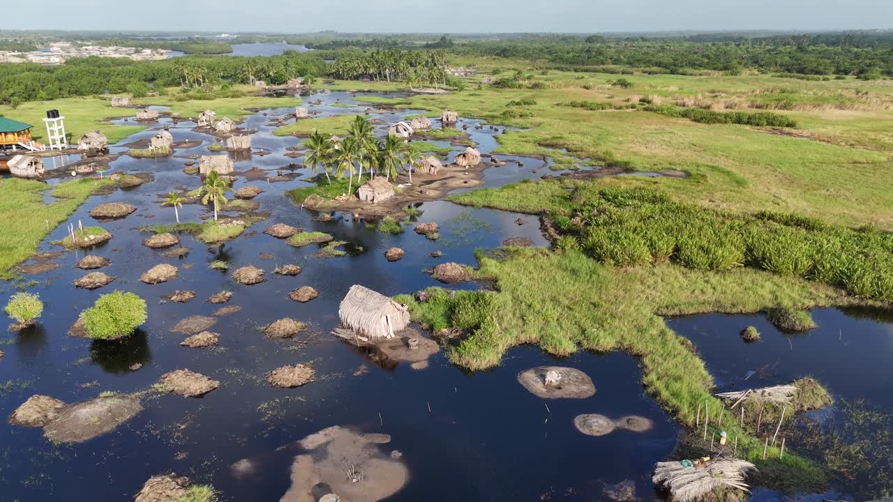Ripresa aerea con drone di un tradizionale villaggio su palafitte nelle zone umide costiere di Ouidah, Benin. Vista panoramica della vita della comunità locale per contenuti di viaggio e culturali