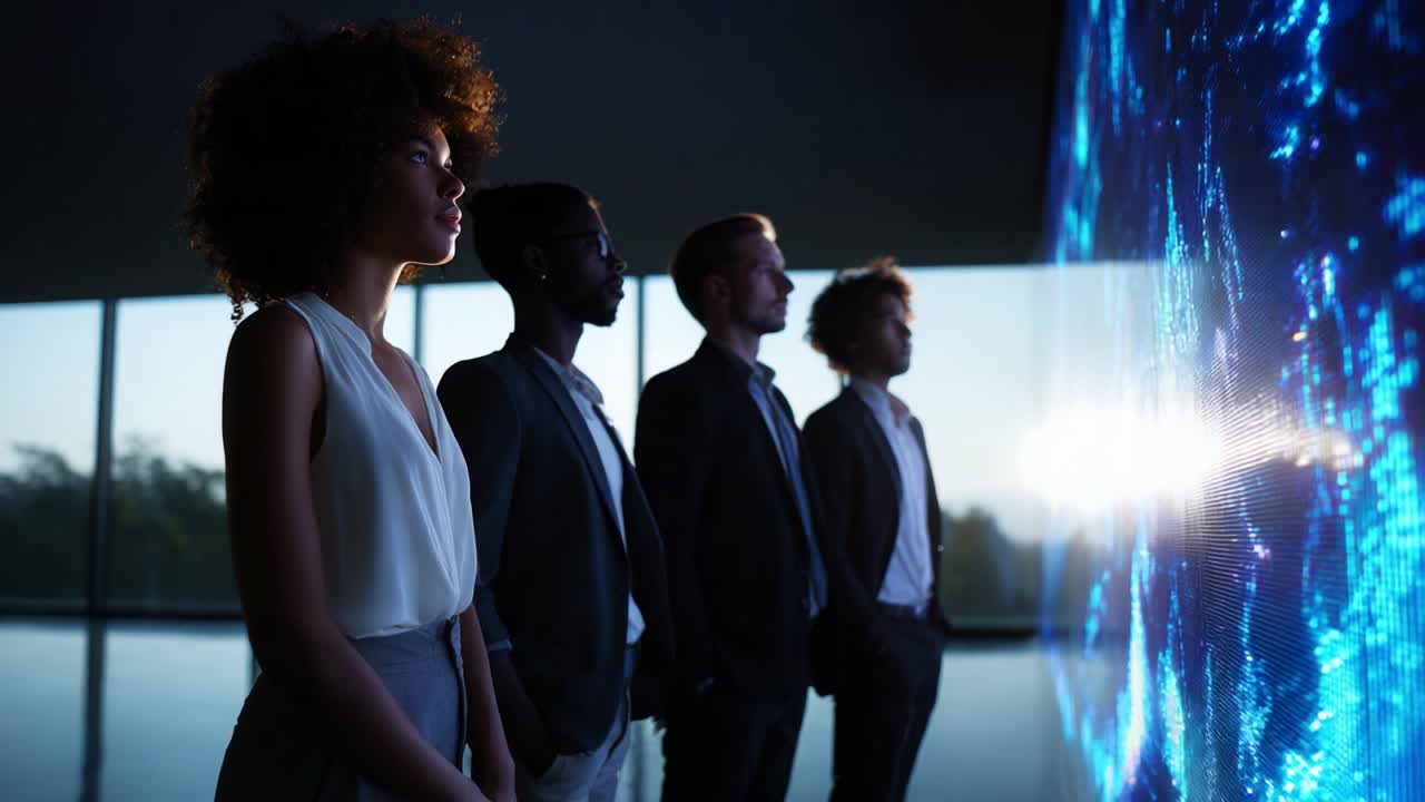 A Group of Professionals Engaged in a Captivating Visual Display, Witnessing Innovative Technology and Data Representation, Reflecting Curiosity and Insight in a Modern Ambiance