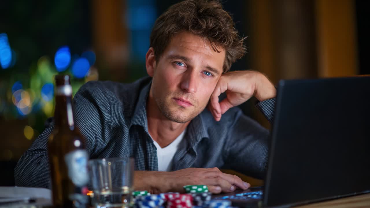 A reflective young man gazes at his laptop screen surrounded by poker chips and drinks, capturing a moment of contemplation in a vibrant atmosphere filled with soft ambient lighting