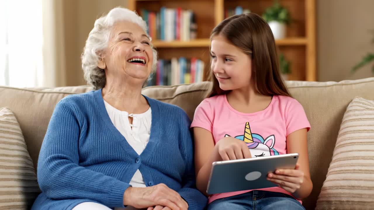 Grandmother and Granddaughter Enjoying Time Together with Tablet
