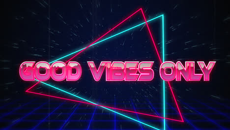 retro good vibes only text glitching over blue and red triangles on white hyperspace effect