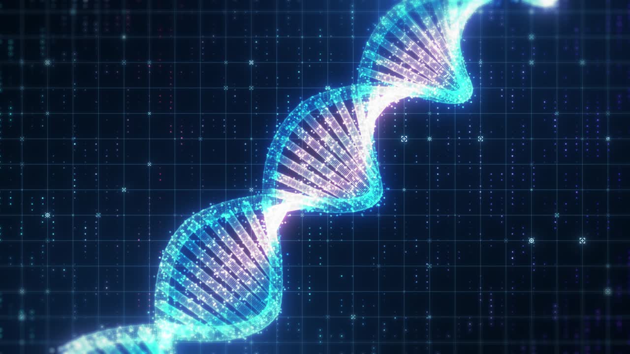 Interfaccia utente DNA futuristica blu scuro. Interfaccia digitale per il processo di analisi DNA futuristico. Display medico HUD e per la ricerca di laboratorio sul DNA.