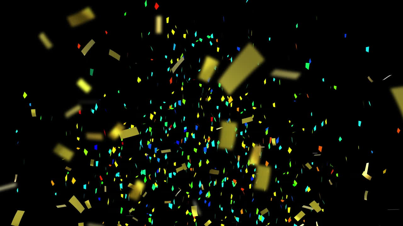 Animation of multi coloured confetti falling over black background
