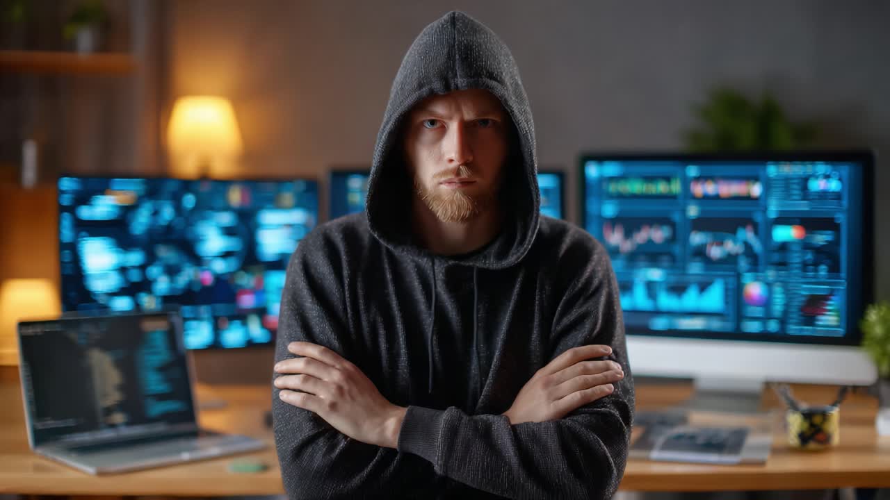 Un individuo dall'aria seria con una felpa scura con cappuccio posa sicuro di sé con le braccia conserte davanti a diversi monitor che mostrano dati complessi, evocando un'atmosfera di intensità e concentrazione in un ambiente esperto di tecnologia