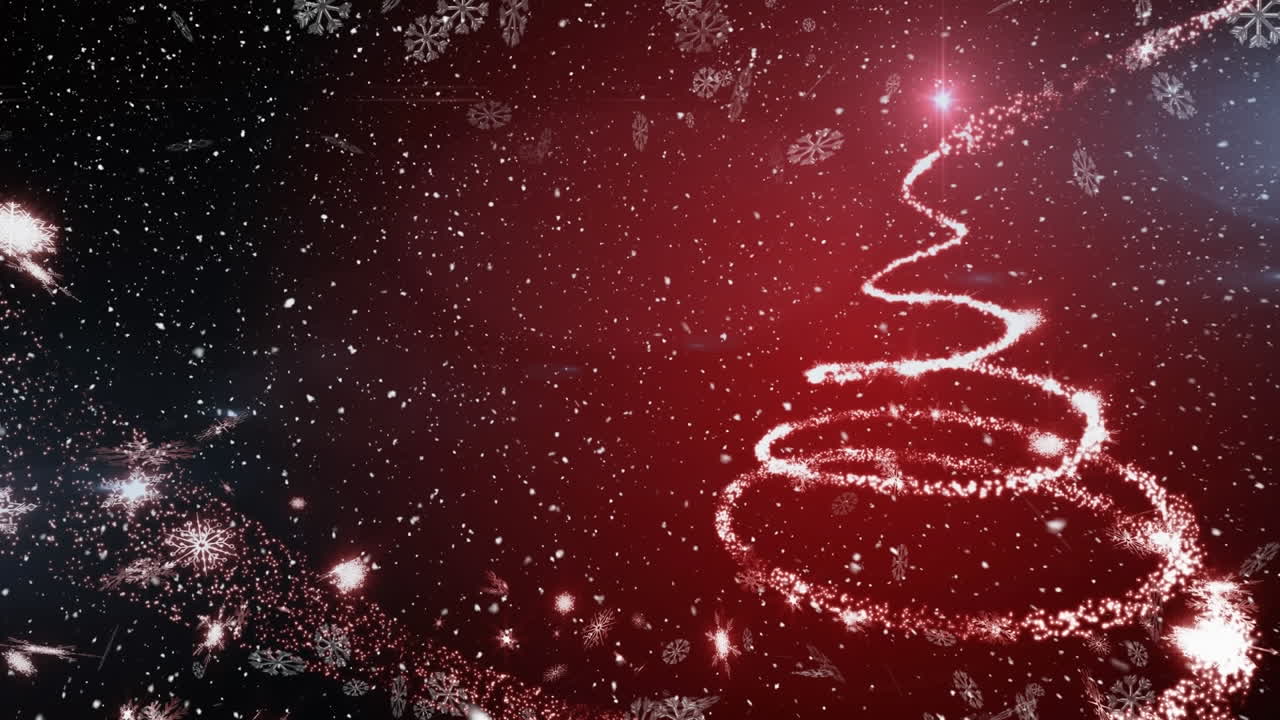 Animação de flocos de neve sobre árvore de Natal em fundo vermelho.