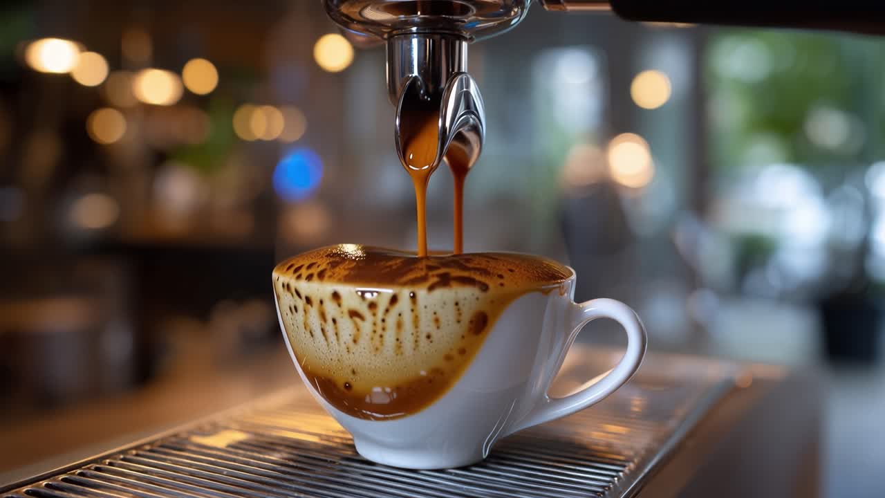 Dark espresso streams pour into a white ceramic cup. Warm lights blur softly in the background. Barista's care shines through the pouring motion. The scene feels rich, comforting, and inviting