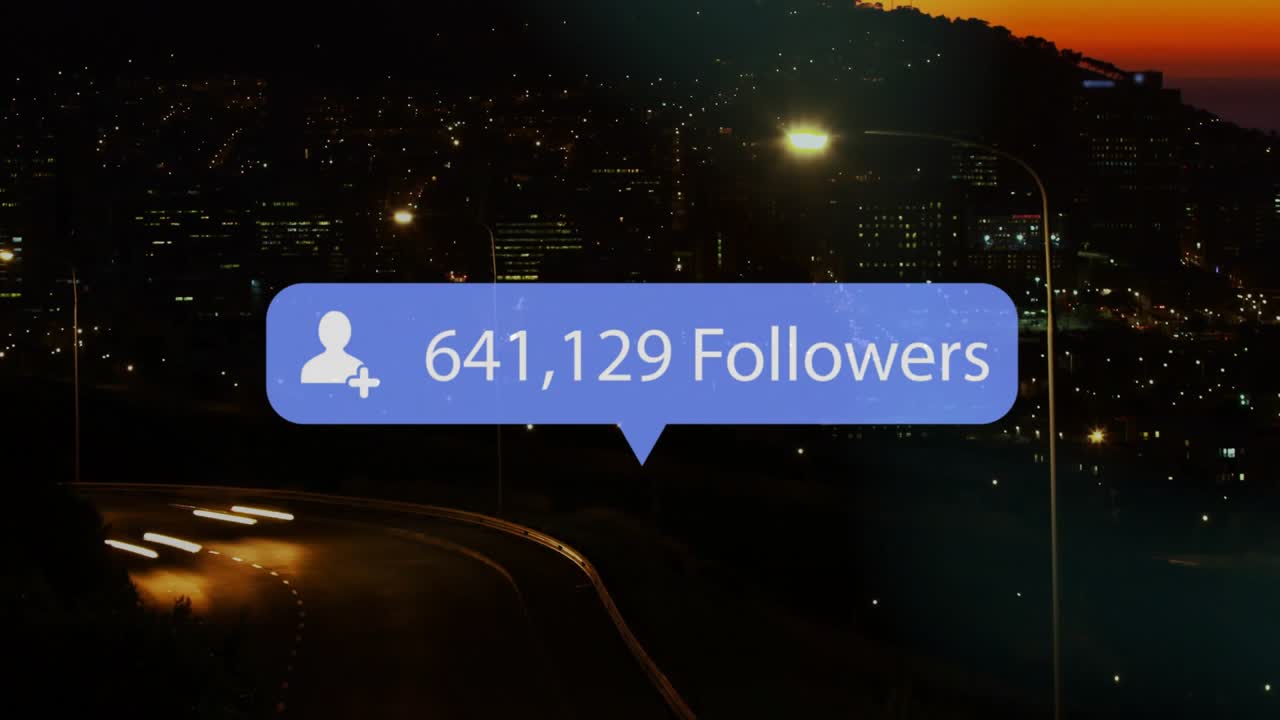 After clip starting blue follower bubble sliding above dusk highway, counting up and showing growth