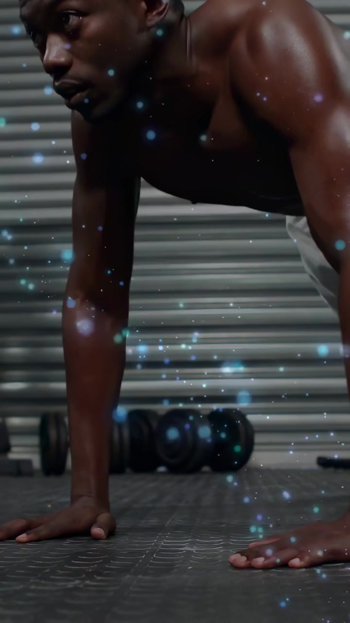 Video verticale: Uomo a torso nudo che fa flessioni in garage con manubri, partendo da un plank, per la forza.