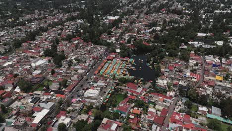 drone footage of a typical xochimilco pier on a sunny day