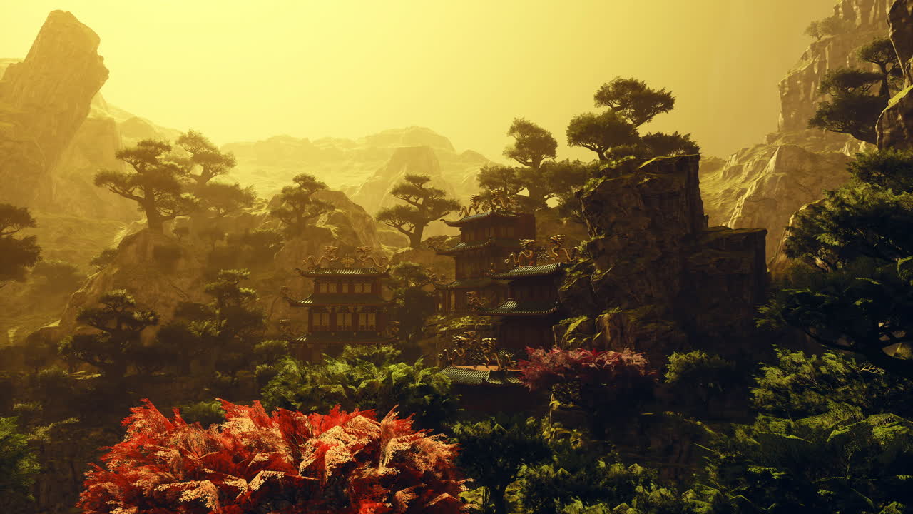 Scenic view of vibrant nature and traditional architecture in china at sunset