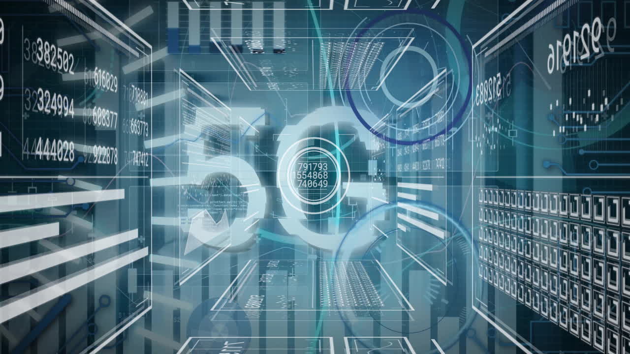 Animation of 5g text and data processing on charts and scanners