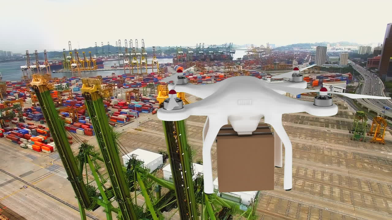 летающий беспилотник с коробкой