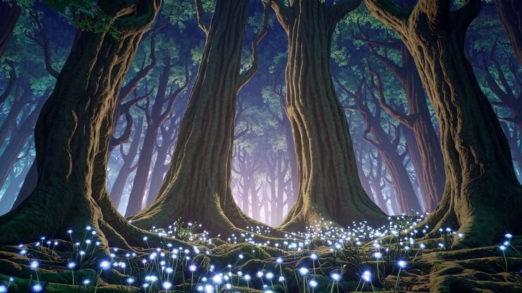 Fortryllet skovscene med glødende blomster, fanget fra en lav engel