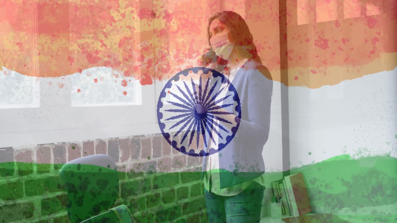 인도  ⁇ 발 위에 얼굴 마스크를 착용 한 여성의 구성