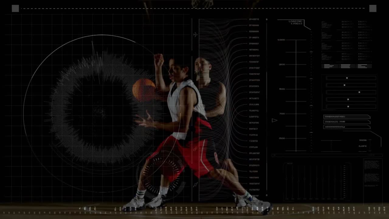 Data processing with two men playing basketball