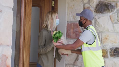 hombre de entrega entregando comestibles a una mujer con máscara facial en casa