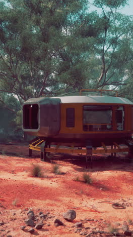 a futuristic spaceship landed in a red dirt forest