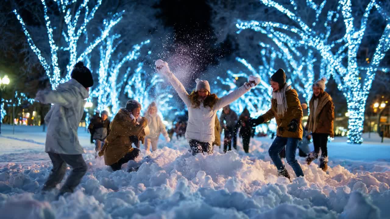 A Magical Winter Wonderland: Kids and Adults Joyfully Play in a Snowy Park Under Sparkling Blue Lights, Creating Memories and Enjoying the Chill of the Season