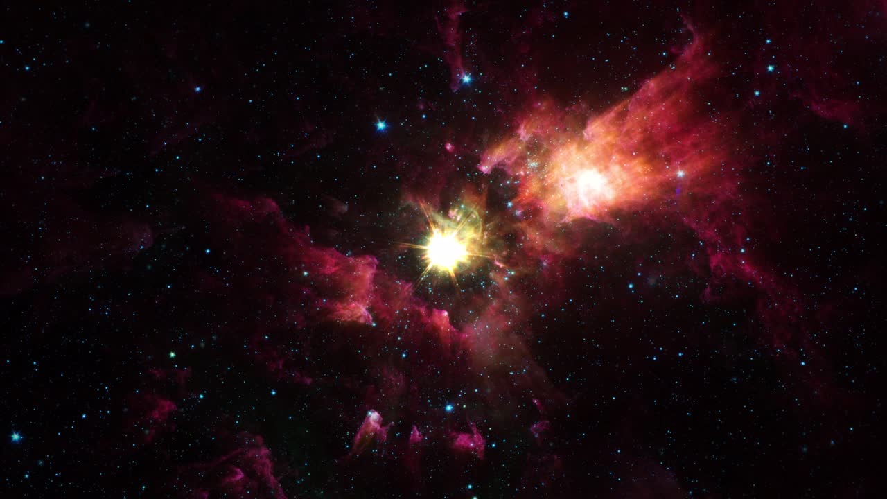 카리나 성운의 스타 필드 (star field of carina nebula) 에 대한 원활한 루프 우주 비행: 중앙에서 빛나고 회전하는 별과 함께, 스타 필드, 은하, 성운과 함께 우주를 통해 4k 3d 비행.