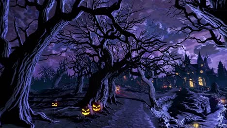 Eerie Halloween scene with twisted trees and glowing pumpkins, captured from a low-angle