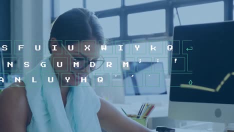 Animation-Der-Datenverarbeitung-Auf-Der-Tastatur-über-Einer-Geschäftsfrau-Im-Büro