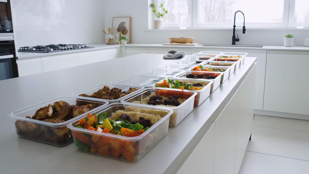 Rows of clear food containers stay neatly aligned on a spacious island while the view glides sideways through a bright modern kitchen, revealing colorful portions and clean white surfaces.