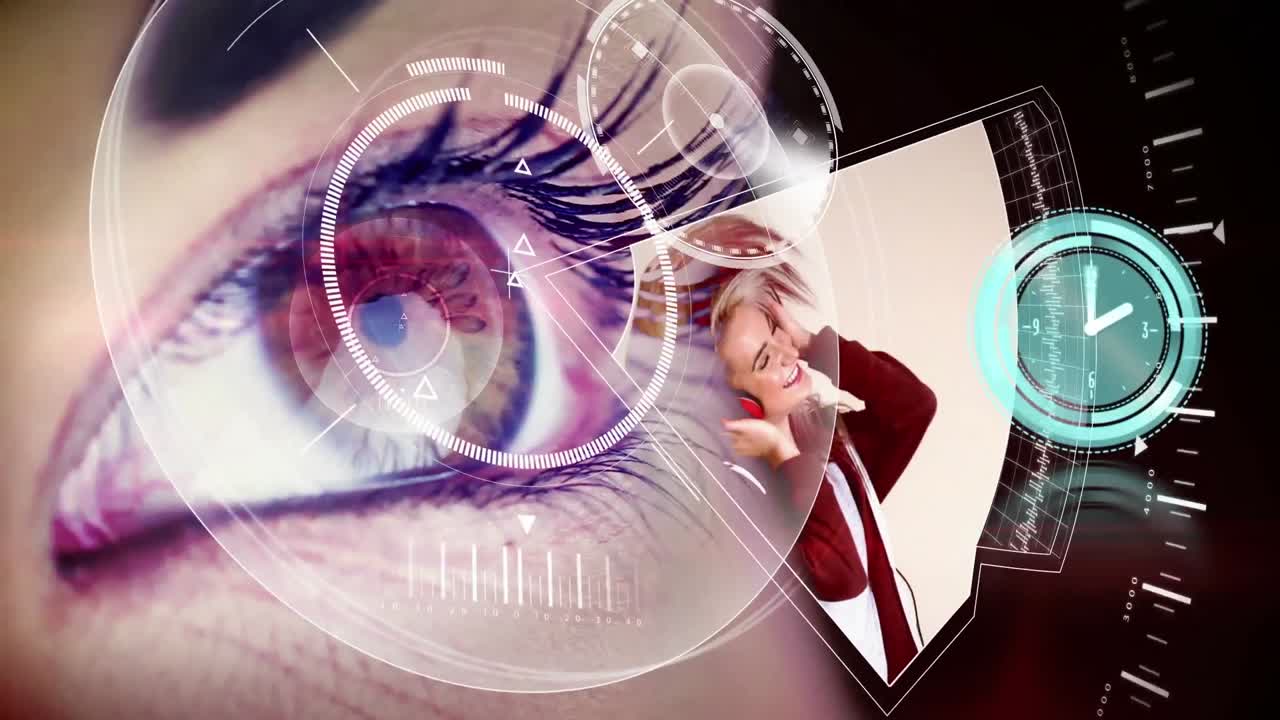 Animation of digital interface and woman using headphones over woman's eyes