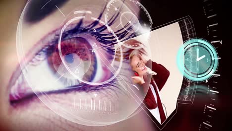 Animation of digital interface and woman using headphones over woman&#039;s eyes