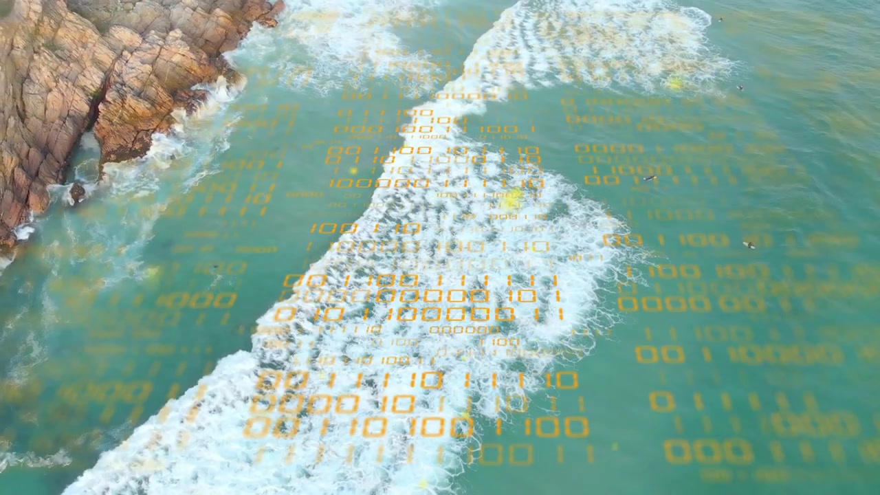 Aerial drone tracking starting, breaking wave moving down while binary overlay showing coastal data