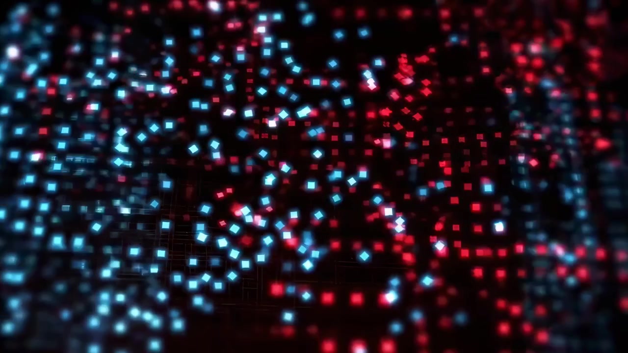 Sfondo Digitale Astratto con Particelle Rosse e Blu Incandescenti