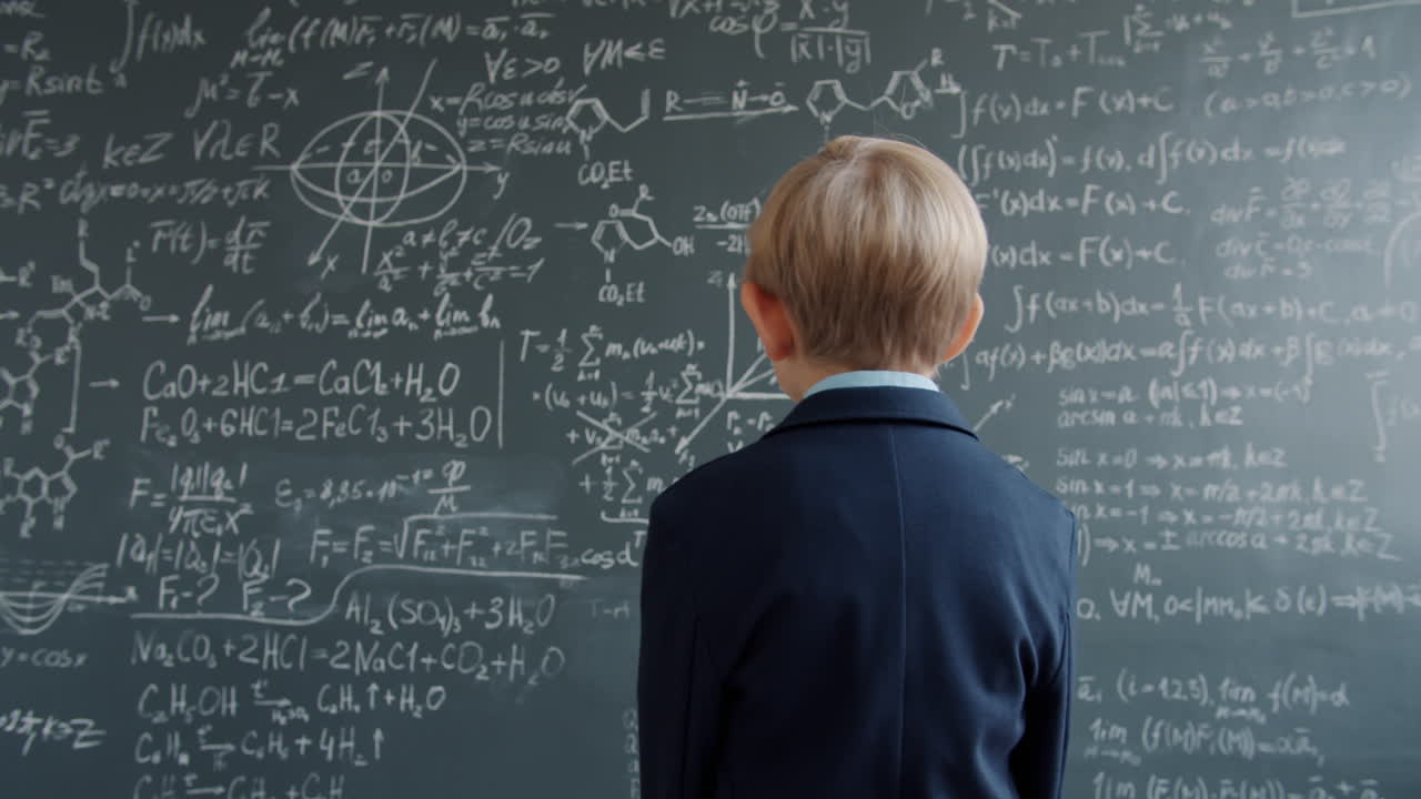 Boy Looking at a Blackboard Full of Equations