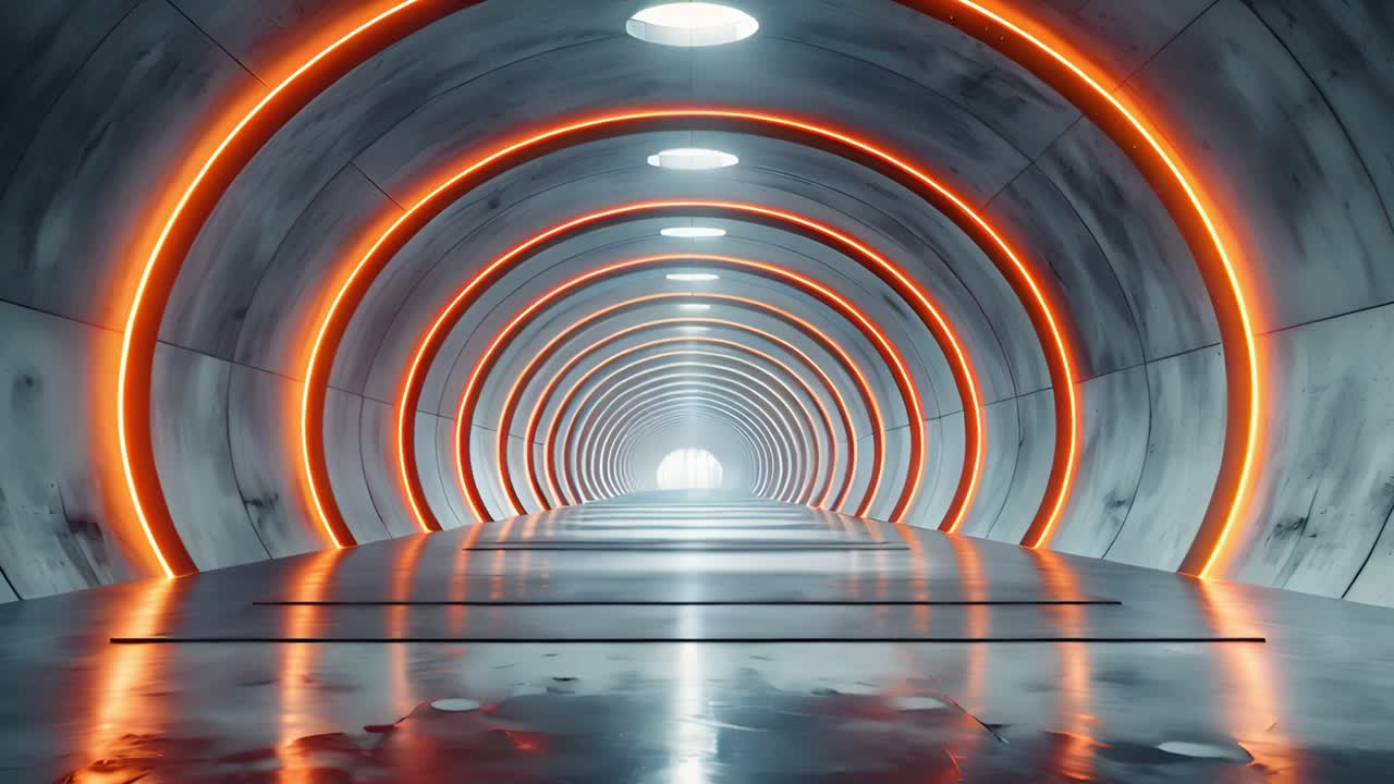 Futuristic Tunnel with Glowing Orange Rings