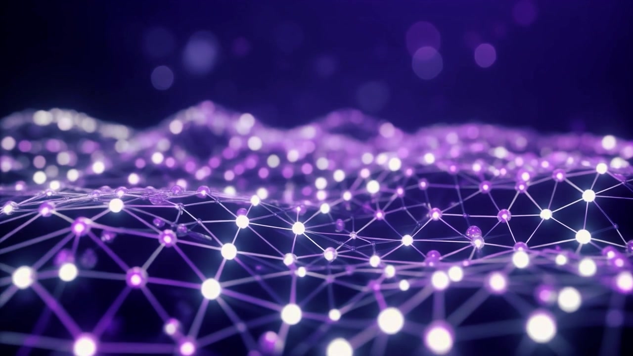 Abstract Digital Network Wave with Glowing Purple Nodes