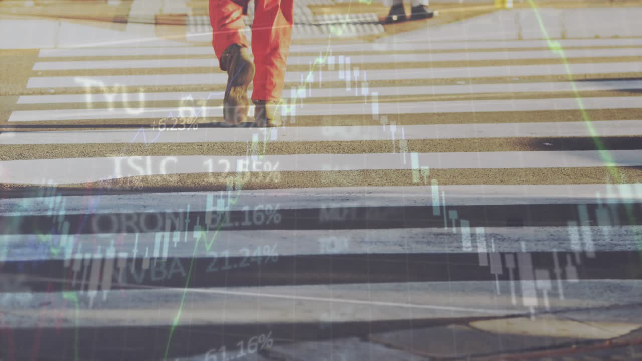 Animation de traitement de données financières sur un homme marchant dans la rue