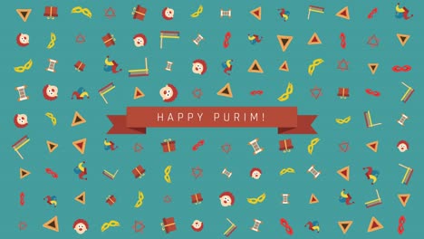 fondo de animación de diseño plano de vacaciones de purim con símbolos tradicionales y texto en inglés