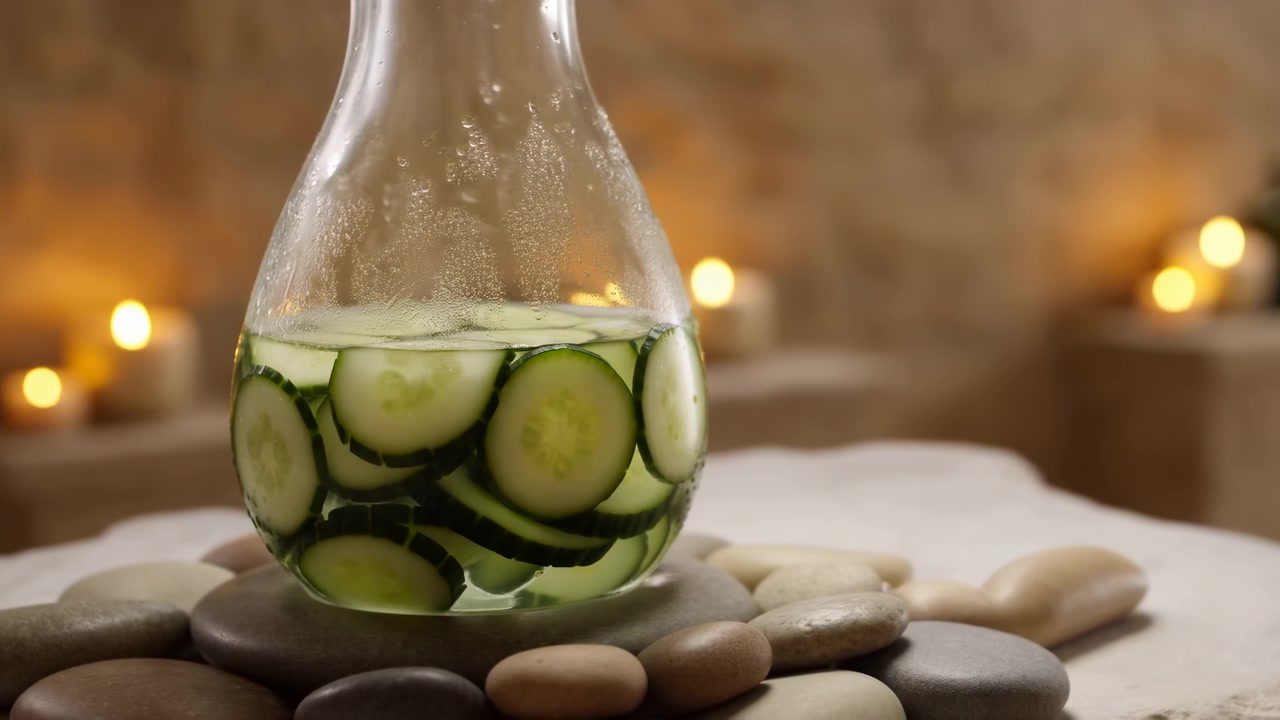 Su ve salatalık dilimleriyle dolu şeffaf bir cam şişe, pürüzsüz spa çakıllarının üzerinde duruyor; arka planda sıcak, bulanık ışıklar ve huzurlu bir sağlıklı yaşam hissi var.