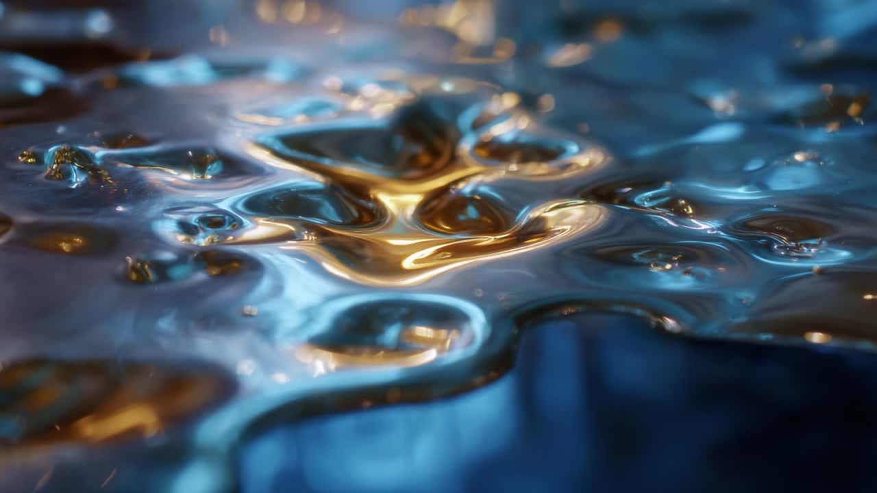 Uma vista hipnotizante de superfícies líquidas e cintilantes refletindo a luz, exibindo padrões e texturas complexas em uma interação cativante de cor e movimento