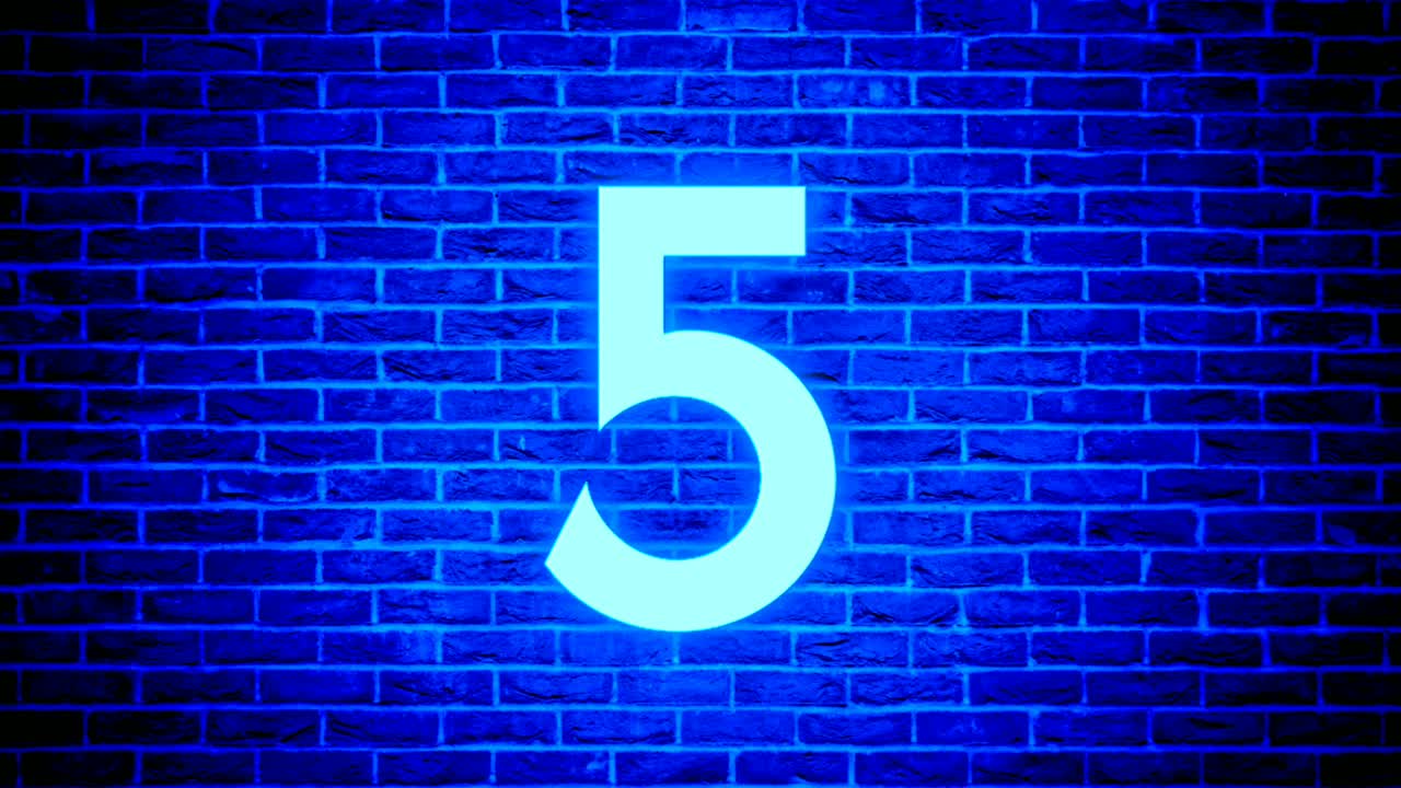 Neon light number 5 five animation motion graphics modern on brick wall background