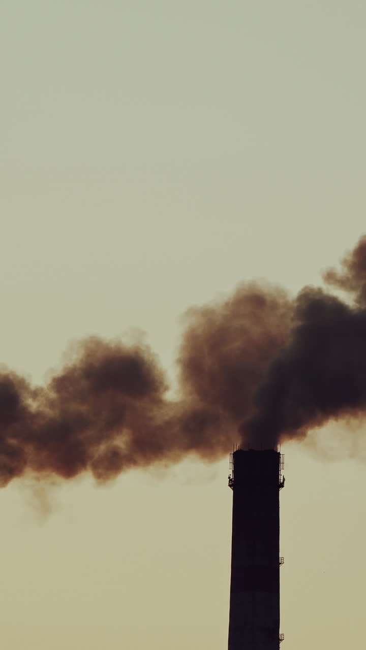Two pipes with thick dirty smoke filling the air. Dark fumes going from the factory pipes on the sky background. Pollution of the environment. Vertical video