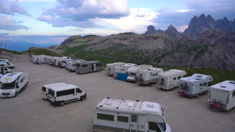 italy, park tre cime: july 7, 2017: viewing platform for motorhomes vr in national nature park tre cime in the dolomites alps. beautiful nature of italy.