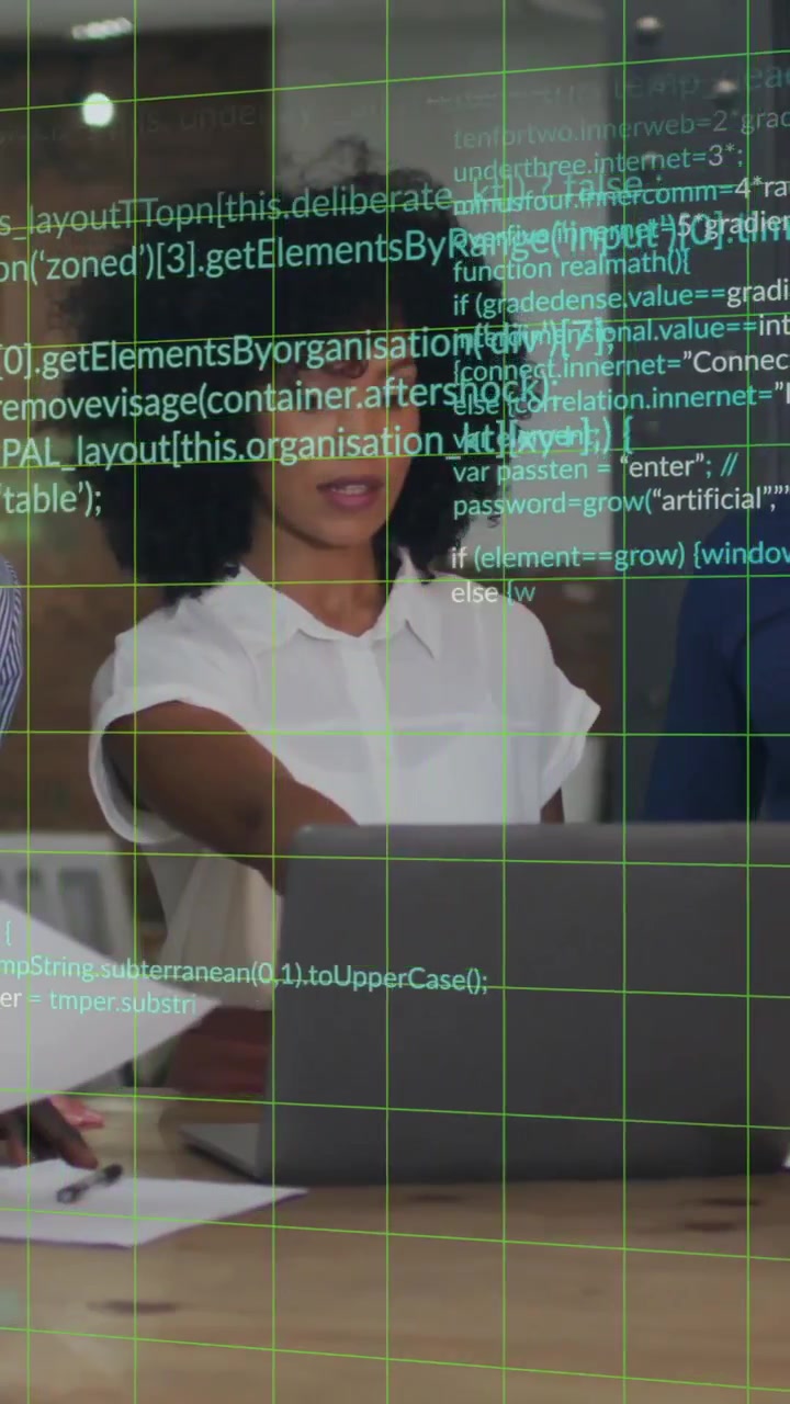 Animación del procesamiento de datos financieros sobre diversas personas de negocios en la oficina