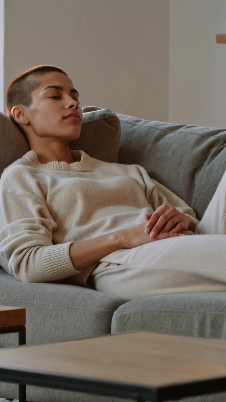 Video verticale: Donna che si sveglia con un maglione color crema, alza la testa e apre gli occhi su un divano grigio, con un libro.