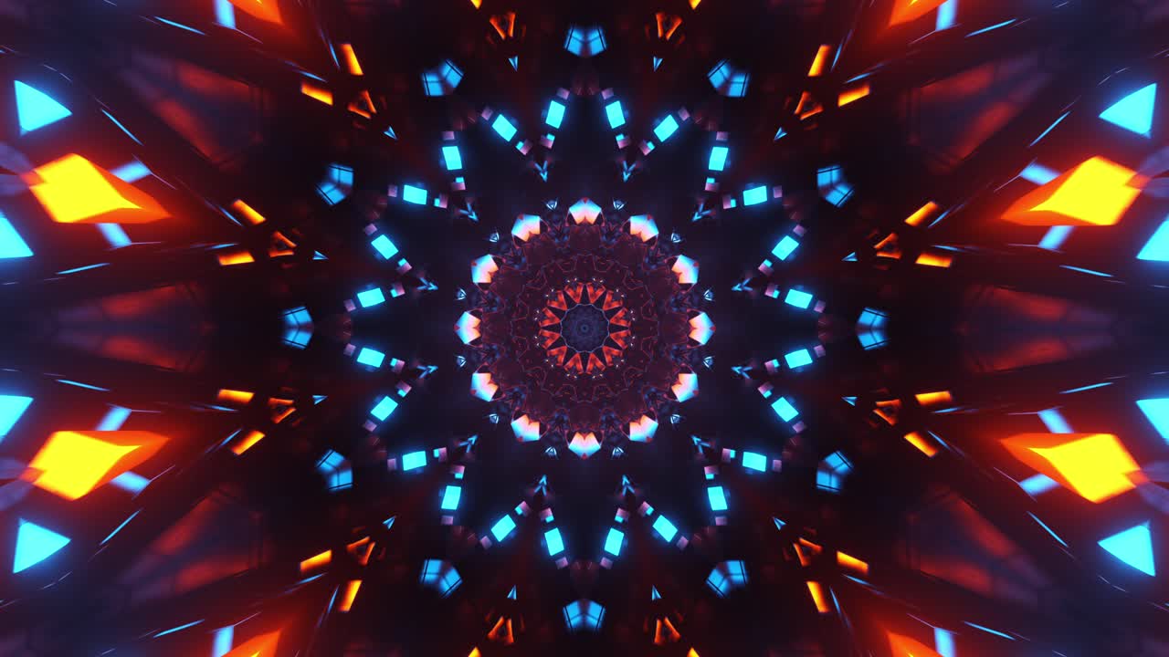 Design di animazione colorato mostrato al buio. Kaleidoscope VJ loop