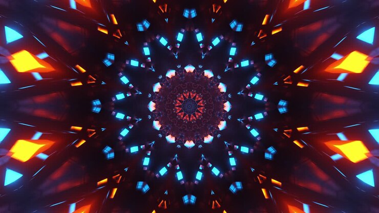 Design de animação colorido é exibido no escuro. Loop VJ Caleidoscópio